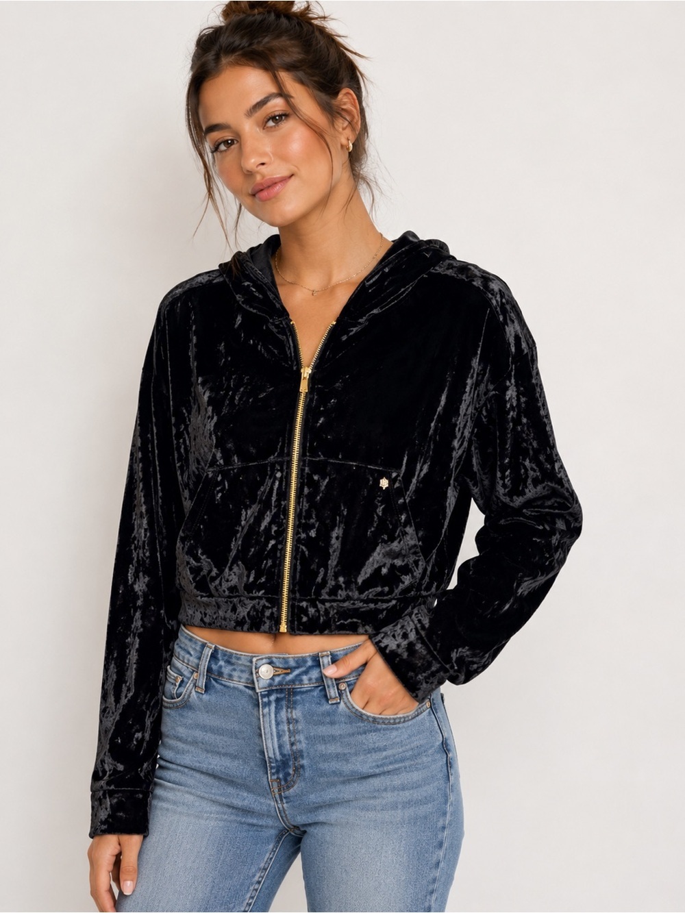 Fabletics Black Crushed Velvet Cropped Zip-Up Hoodie Size XXS